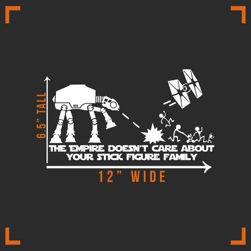 Vista 2 de Calcomanía adhesiva para autos: "The Empire Doesnt Care About Your Stick Figure Family". Inspirada en la lucha entre Star Wars ATAT & Tie Fighter.