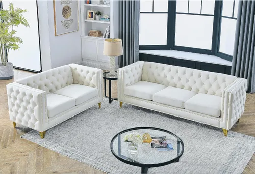 Vista 3 de Sofá moderno de terciopelo de 3 plazas, beige de 80 pulgadas con botones copetudos, con brazos cuadrados, para sala de estar, tapizado con botones