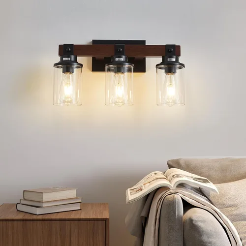 Vista 7 de Lámpara de tocador de madera de granja para baño, 3 luces de baño sobre espejo, apliques de pared rústicos con pantalla de metal para baño