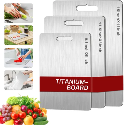 Vista 7 de Juego de 3 tablas de cortar de titanio, 3 tablas de cortar de acero inoxidable, tablas de cortar antiadherentes de doble cara de grado alimenticio