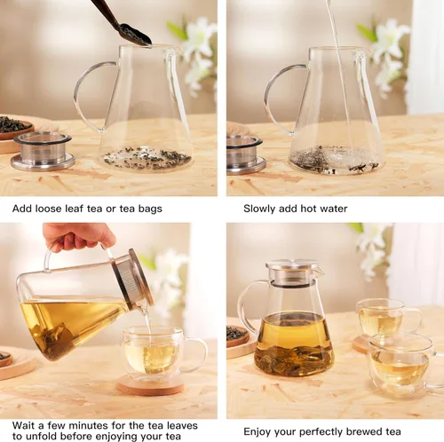Vista 7 de CNGLASS Tetera de vidrio de 30.5 oz/900 ml segura para estufa, tetera de un toque transparente, tetera para té floreciente y de hojas sueltas