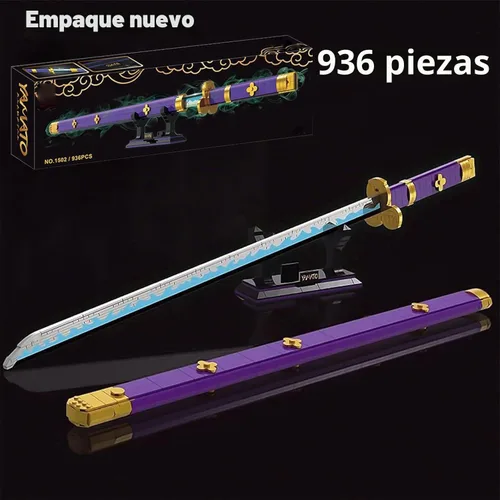 Vista 4 de HIGH GODO Juego de construcción de espadas para cosplay de anime, 936 piezas, una espada Enma Zoro morada de 38.8 pulgadas con vaina y soporte