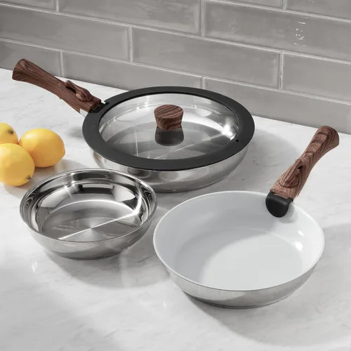 Vista 2 de Ergo Chef Pro Series - Juego de 8 sartenes inteligentes, asas extraíbles, ahorro de espacio para cocinas, caravanas y campamentos. Compatible