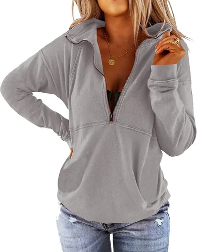 Vista 16 de Floral Find Women's Long Sleeve Lapel Half Zip Up Sweatshirt Solid Stylish Loose Fit Casual Pullover Tops B-Azul marino
