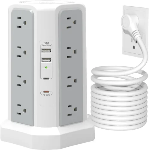 Vista 10 de Regleta de alimentación de torre con PD20W USB C, estación de carga de cable de extensión de escritorio de 6 pies con 12 tomas de corriente alterna