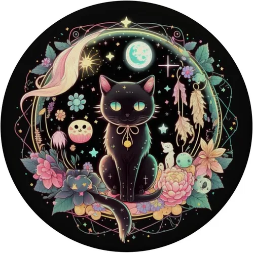 Vista 3 de Moon Phases Crystal Witchy Lindo Gato Negro Kawaii Pastel Goth PopSockets Estándar PopGrip