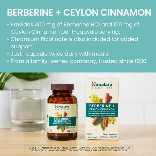Vista 3 de Himalaya Berberina con canela de Ceilán, suplemento de hierbas para apoyar el metabolismo normal, inmune y la salud digestiva, vegano, sin gluten