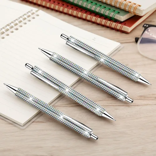 Vista 5 de Bolígrafos brillantes para diamantes de imitación, 4 bolígrafos plateados brillantes con 8 repuestos retráctiles de tinta negra para suministros