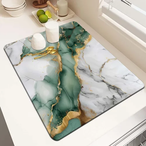 Vista 10 de MCALK Tapete de secado de platos negro mármol para encimera de cocina, almohadilla de secado de platos dorada con base de goma antideslizante