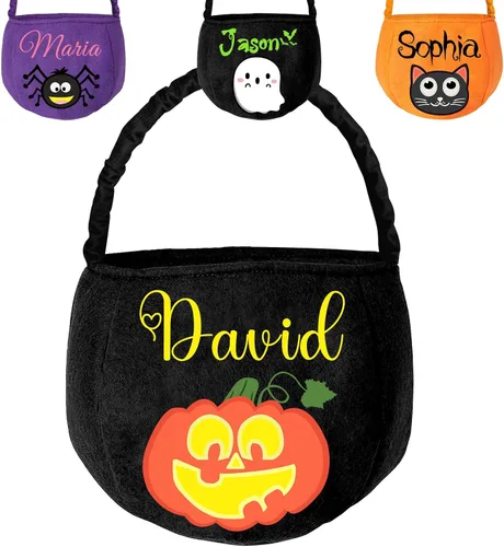 Vista 11 de Cubo personalizado de Halloween con nombre, cesta de dulce o truco de Halloween, regalo personalizado para niños y niñas, color negro