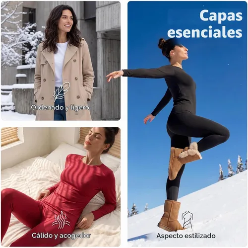 Vista 6 de WEERTI Ropa interior térmica para mujeres Long Johns con forro polar, capa base para mujeres para clima frío, conjunto de top y pantalón Negro