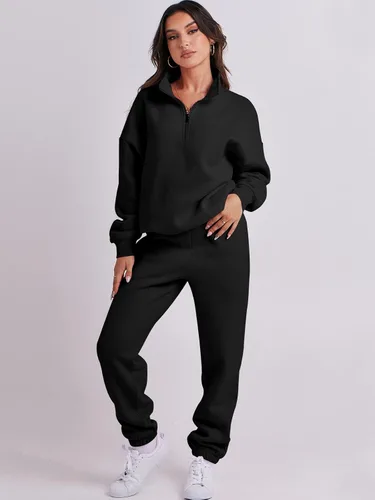 Vista 4 de Prinbara Conjunto de sudadera de manga larga con media cremallera para mujer, conjunto de 2 piezas con bolsillos