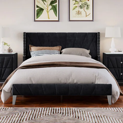 Vista 7 de Marco de cama tapizado de terciopelo contemporáneo con acolchado de canal y ribete de cabeza de clavos, no necesita somier (negro, matrimonial)