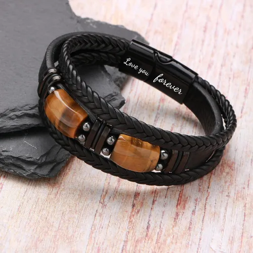 Vista 6 de Pulseras de cuero de ojo de tigre para hijo, marido, nieto, novio a mi hombre, joyería para hermano papá, 7.58.59 pulgadas