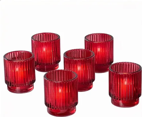 Vista 9 de Kate Aspen Juego de Portavelas de Vidrio Acanalado - 6 Portavelas Gris Humo para Velas de Té para Decoración del Hogar, Cocina, Habitación o Sala