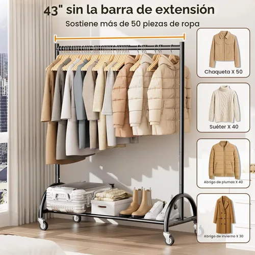 Vista 3 de MISSLO Perchero resistente con ruedas para ropa, estantes enrollables para colgar ropa, abrigos, prendas, vestidos, color negro