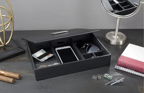 Vista 2 de Glenor Co Bandeja de valet para hombre, organizador de aparador y tapa, caja de accesorios de joyería de lujo con 6 ranuras, diseño de fibra