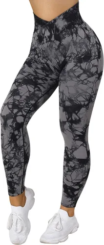 Vista 2 de OMKAGI Leggings con cintura cruzada en V para mujer, con bolsillos, cintura alta, pantalones de yoga para entrenamiento