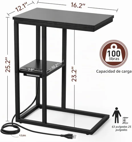 Vista 3 de Vagusicc Mesa auxiliar en forma de C con estación de carga, mesa auxiliar pequeña para sofá, mesa auxiliar de aperitivos con puertos USB y salidas