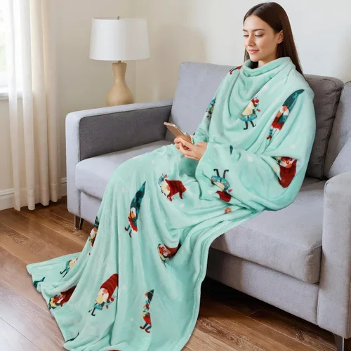 Vista 3 de Catalonia Manta con mangas para mujeres y hombres, manta de forro polar Elfo de Navidad Verde