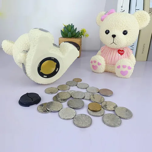 Vista 6 de Alcancía de oso de peluche de dibujos animados de resina, lindo oso monedero, caja de monedas, caja de ahorro de monedas para regalo de niños