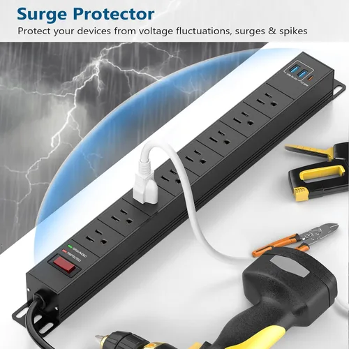 Vista 2 de Regleta de alimentación resistente de 8 salidas con USB PD de 20 W, protector de sobretensiones BTU de 6 pies de largo con USB A y USB C, tira