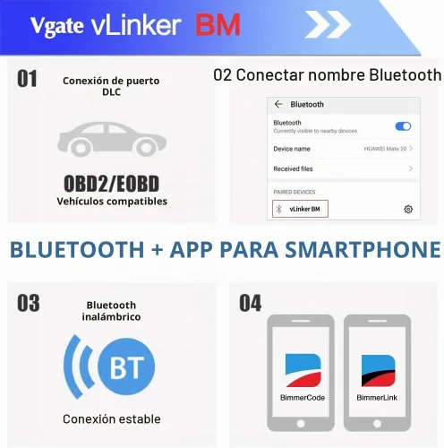 Vista 6 de Vgate vLinker BM OBD2 - Lector de código Bluetooth, herramienta de escaneo OBDII para Android y Windows, hecho para BimmerCode
