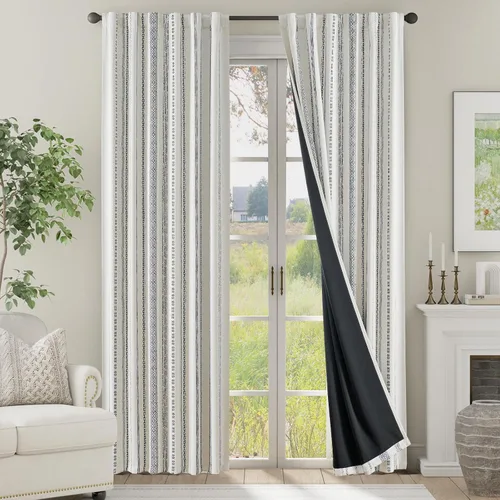 Vista 55 de jinchan - Cortinas bohemias 100% blackout de 54 pulgadas de largo para dormitorio, estampado geométrico negro sobre beige, con ojales