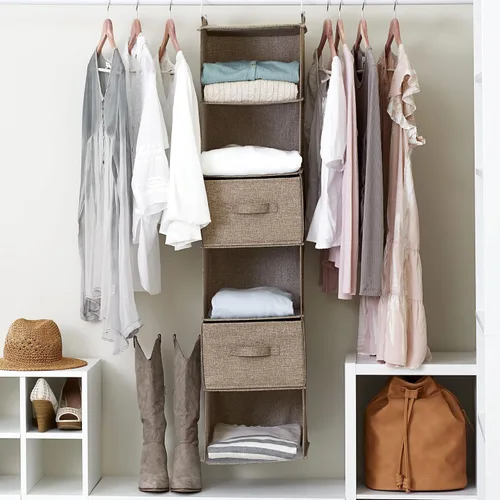 Vista 8 de Household Essentials Organizador de armario colgante de 6 estantes, estante colgante de armario, estantería de tela de lino y PEVA, beige