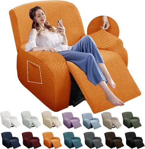 Vista 14 de YEMYHOM Funda elástica de 4 piezas para silla reclinable de jacquard con bolsillo lateral, antideslizante, ajustable, protector de muebles con parte