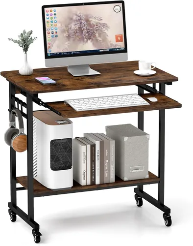 Vista 10 de Tangkula Carro de escritorio rodante para computadora con bandeja para teclado, escritorio portátil móvil para laptop con soporte para CPU y 3