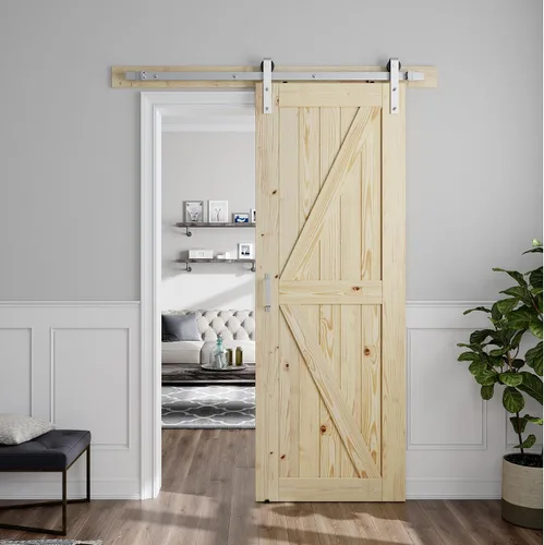 Vista 15 de SMARTSTANDARD Puerta corrediza de granero de 26 x 84 pulgadas con herrajes de níquel cepillado Kit de riel y mango de 5 pies, requiere montaje