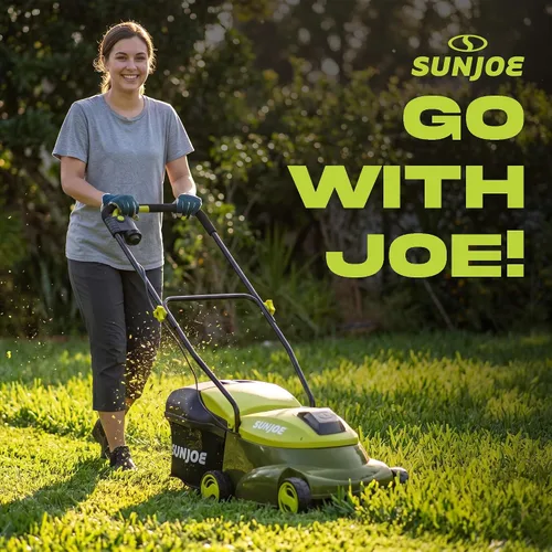 Vista 5 de Sun Joe Cortacésped inalámbrico con empuje eléctrico con bolsa de 10.6 galones, ancho de corte de 14 pulgadas, verde - Cortadora de césped