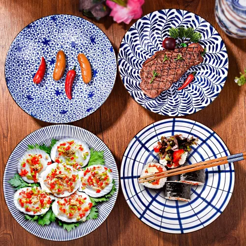 Vista 2 de Juego de 4 platos japoneses de cerámica blanca y azul de 8 pulgadas, platos grandes para aperitivos, pasta, postres y ensaladas, microondas, horno