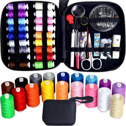 Vista 12 de Kit de costura con estuche, suministros de costura portátiles para el hogar, viajero, adultos, principiantes, emergencia, contiene 18 hilos