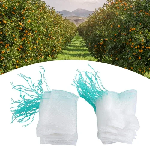 Vista 4 de Bolsas de nailon para protección de frutas, paquete de 100 unidades, fundas de malla reutilizables con cordón para árboles de jardín, tomates