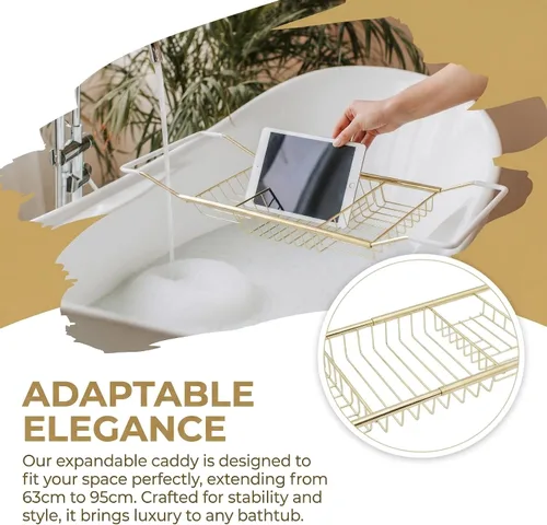 Vista 7 de Cabilock Bandeja de baño de acero inoxidable de lujo – Estante de baño moderno expandible de 24.8 pulgadas para bañera con copa de vino y soporte