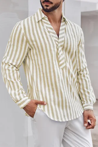 Vista 3 de Makkrom Camisa Henley de algodón para hombre, a rayas, manga larga, hippie, casual, para verano y playa