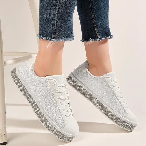 Vista 5 de UUBARIS Zapatillas de tenis con purpurina para mujer, color neón, elegantes, brillantes, con diamantes de imitación, para boda, novia, zapatos