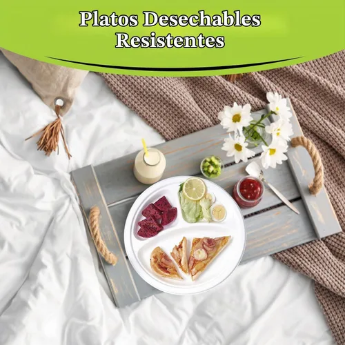 Vista 6 de three leaf platos redondos de bagazo de 10 pulgadas con 3 compartimentos, 25 unidades. Platos de bagazo desechables, 100 % biodegradables