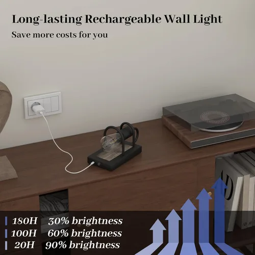 Vista 8 de Luces de pared vintage a pilas con acabado de madera sintética, lámpara de pared regulable, sin cableado, fácil de instalar, aplique de pared