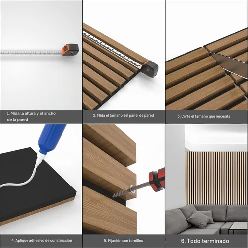 Vista 6 de Yuzzy - Paneles de madera para pared - 2 paneles acústicos de listones de madera de teca de 9 pies - Paneles de pared modernos con absorción