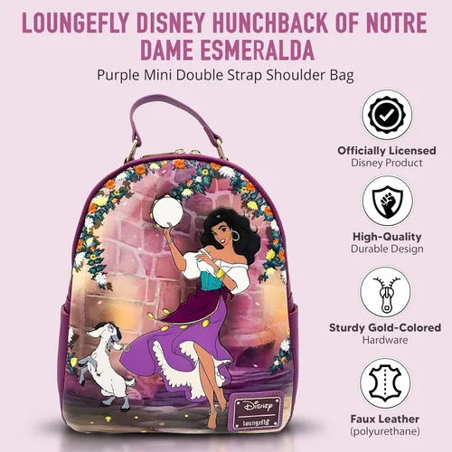 Vista 4 de Loungefly Disney Hunchback of Notre Dame Esmeralda - Mini bolso de hombro con doble correa, grabado con flores bordadas, Púrpura, Bolso de hombro