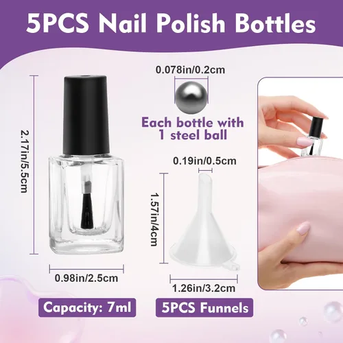 Vista 2 de AHIER Botellas transparentes de esmalte de uñas vacías con embudo de tapa de cepillo y bola mezcladora (0.2 fl oz 5p) Clear Glass Empty Fingernail