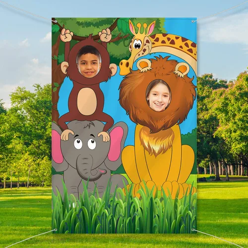 Vista 3 de Blulu Telón de fondo de fiesta de animales de la selva de 59 x 39.4 pulgadas, pancarta grande para cabina de fotos para fiestas de cumpleaños