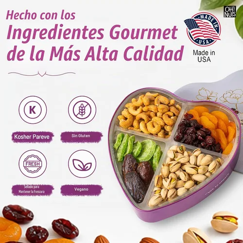 Vista 6 de Oh! Nuts Cesta de regalo de frutas secas y nueces en forma de corazón – 6 variedades dulces y saladas surtido de lata – pistachos, anacardos