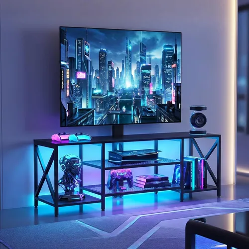 Vista 9 de HOOBRO Soporte de TV con soporte y toma de corriente, centro de entretenimiento LED con soporte giratorio para TV de 32/45/55/60/65/70/75 pulgadas