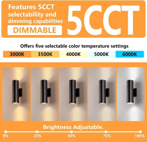 Vista 3 de DAKAFUL 5CCT - Luces de pared regulables para exteriores, paquete de 2 unidades, 3000 K, 5000 K, 6000 K, cilindro LED integrado, luz de aluminio