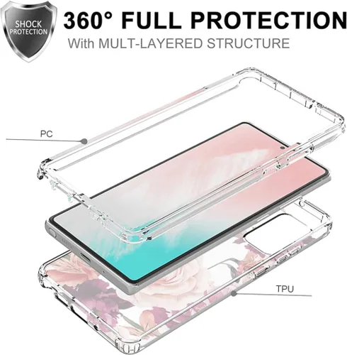 Vista 3 de Funda para Galaxy Note 20 5G, SM-N981U con protector de pantalla de vidrio templado, patrón floral transparente, funda protectora de cuerpo completo