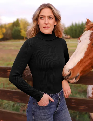 Vista 5 de ZESICA Camisas de manga larga con cuello alto para mujer, camisetas básicas de primavera, suéter de punto acanalado ajustado
